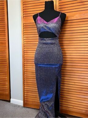 Windsor Spaghetti Strap Cut Out Sparkle Evening Dress